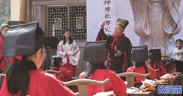 云缨站在桌子上给刘禅讲课，展现了她作为老师的风范与对学生的关怀，同时也反映出古代教育方式的独特魅力